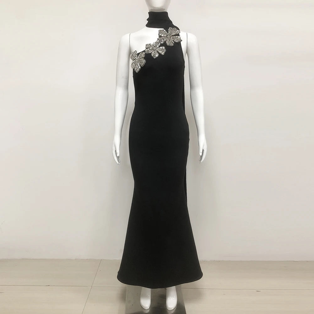 Elegant Solid Diamond Flower Bandage Women Halter Dress Off Shoulder Sleeveless Backless Slim Female Maxi Dresses 2025 Lady Robe black