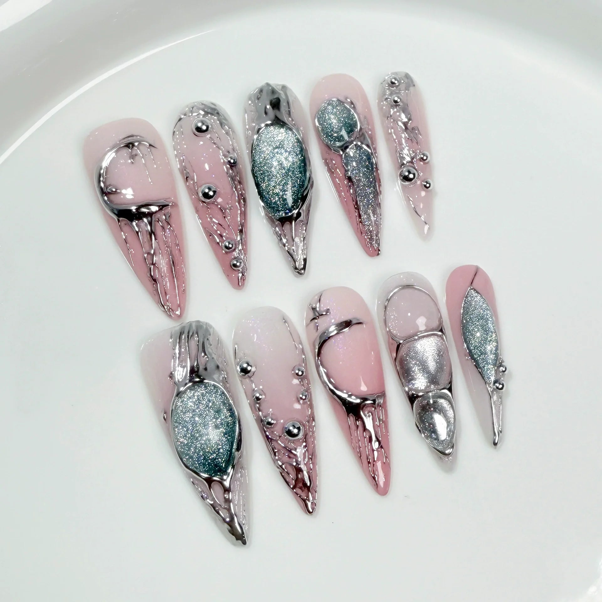 10Pcs Gold French Handmade Almond Press on Nails Ballet Rhinestone Full Cover Fake Nail Metal Manicure Wearable Nail Tips Art