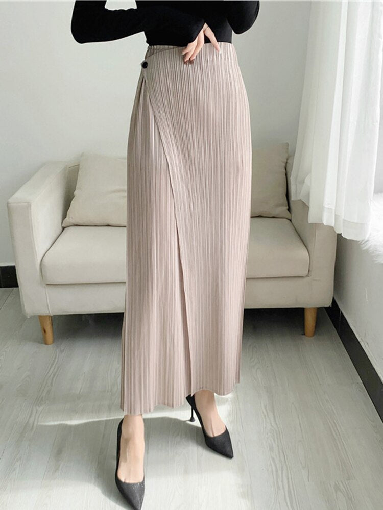 YUDX Women Pleated Solid Color Ankle-length Pants Elastic Waist Wide Leg Straight Female Trsouser Loose 2024 Summer Khaki One Size