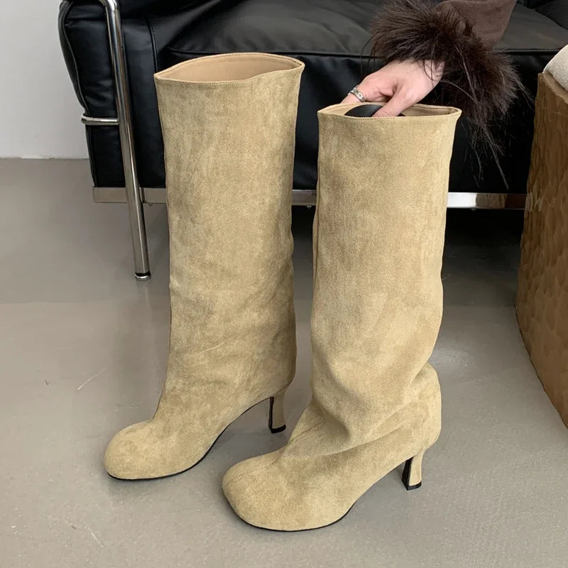 Eilyken Winter Street Style Round Toe Knee-High Women Boots Punk Thin High Heels Shoes Female Long Booties Zapatos De Mujer Apricot