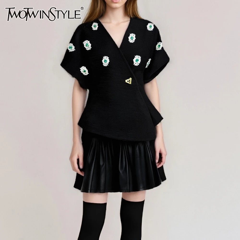 Solid Spliced Bead Luxurious Jackets for Women V Neck Short Sleeves Patchwork Button Elegant Jacket Femlae Fashion