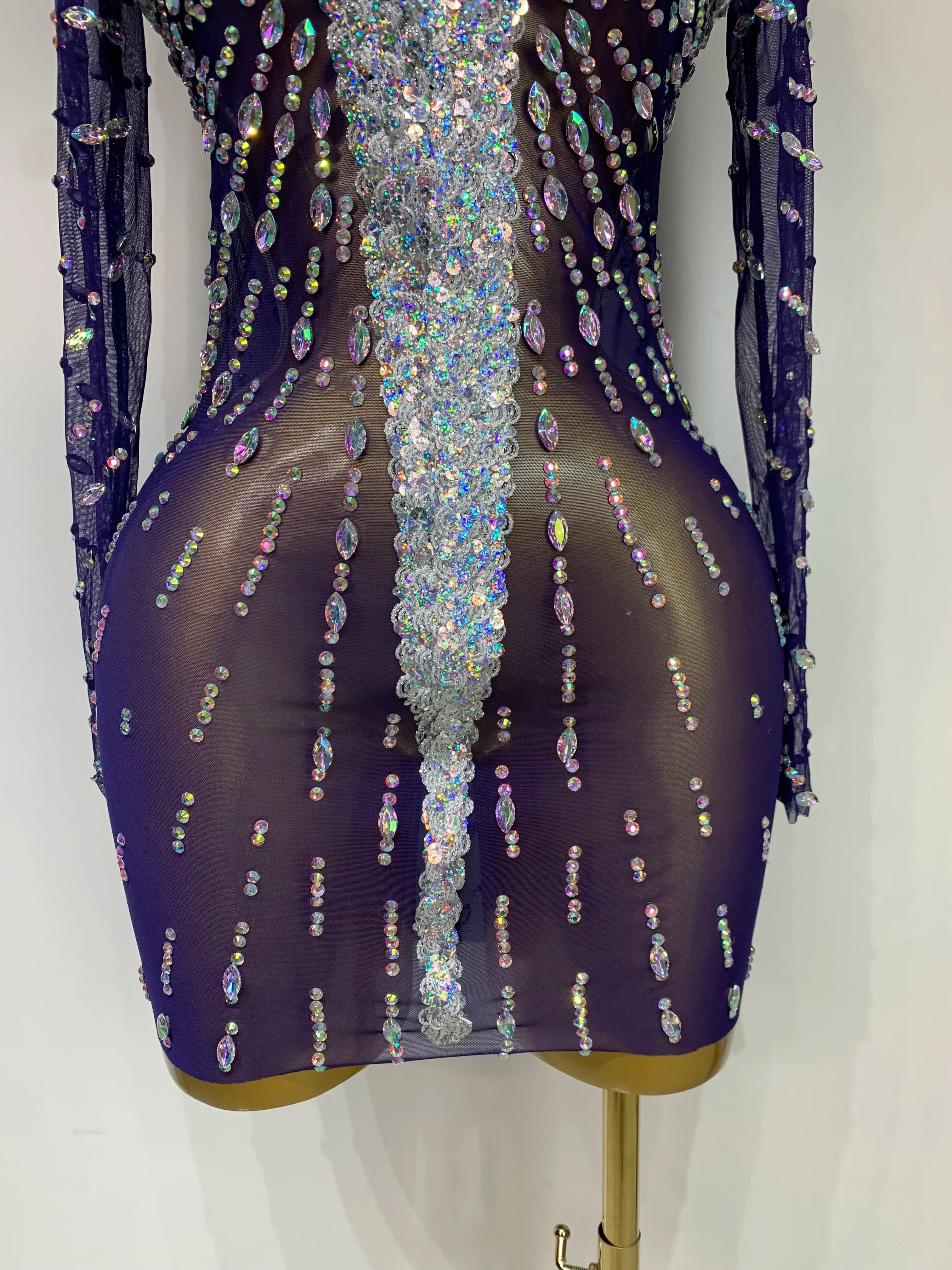 Sparkly Diamonds Mesh See Through Long Sleeves Mini Dress Women Eveing Birthday Party Sexy Nightclub Bar Singer Stage Costume