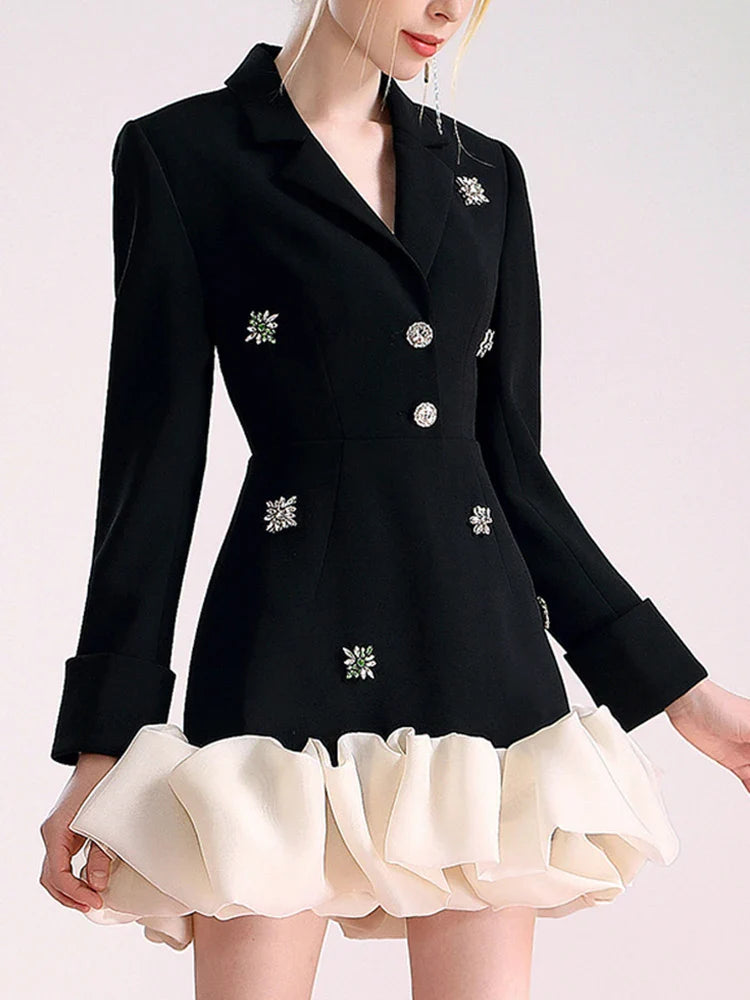 Colorblock Patchwork Diamonds Elegant Dresses For Women V Neck Long Sleeve High Waist Spliced Organza Dress Female