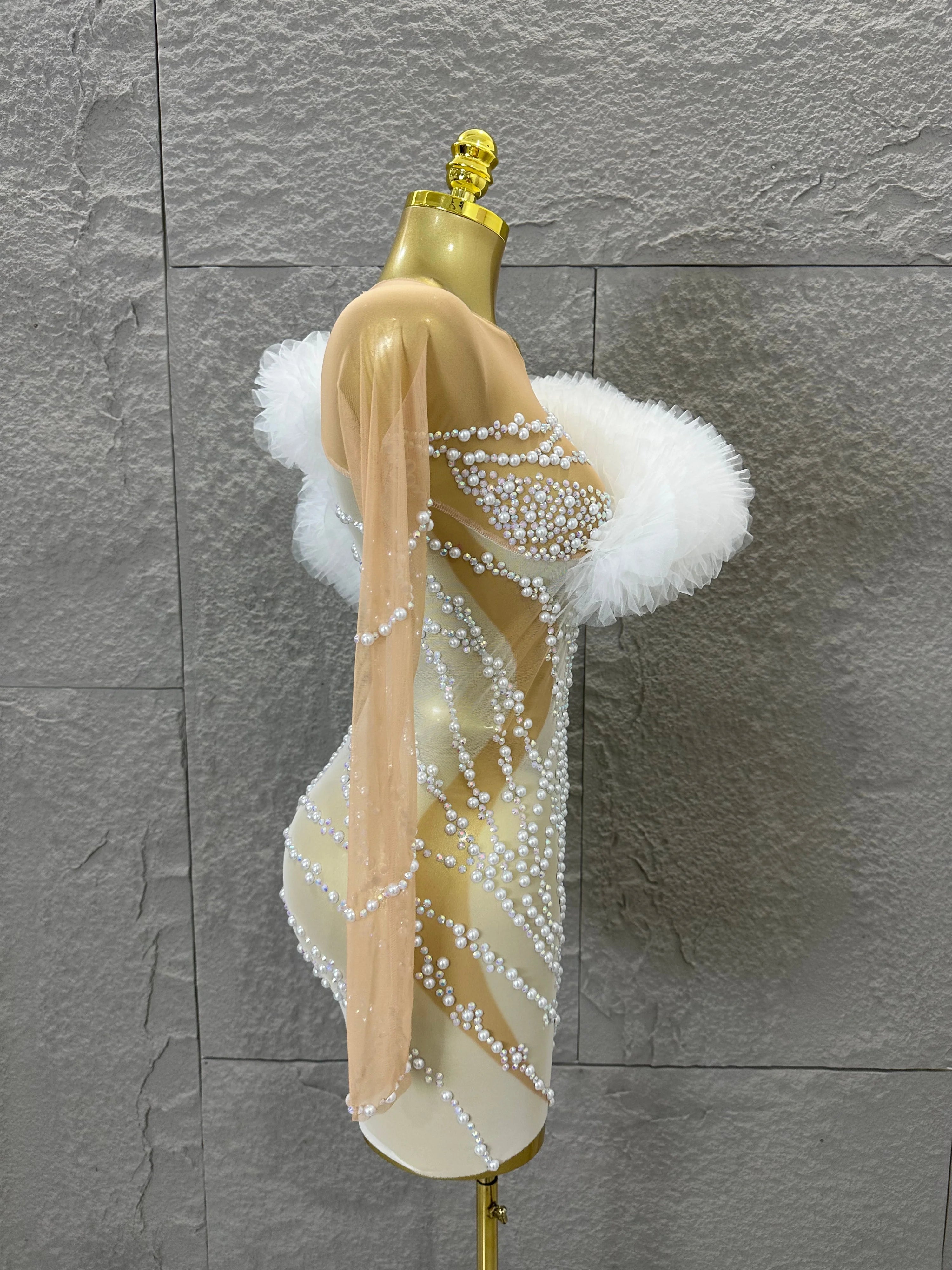 Luxurious Nude Sheer Mesh Mini Dress Women One-Shoulder Pearl Beaded Ruffle Tulle Bodycon Evening Costume