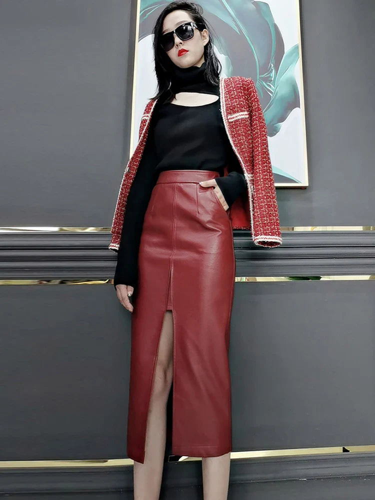 Lautaro Long Soft Faux leather pencil skirt women with front slit pockets High waisted midi skirts for women wine red skirt wine red