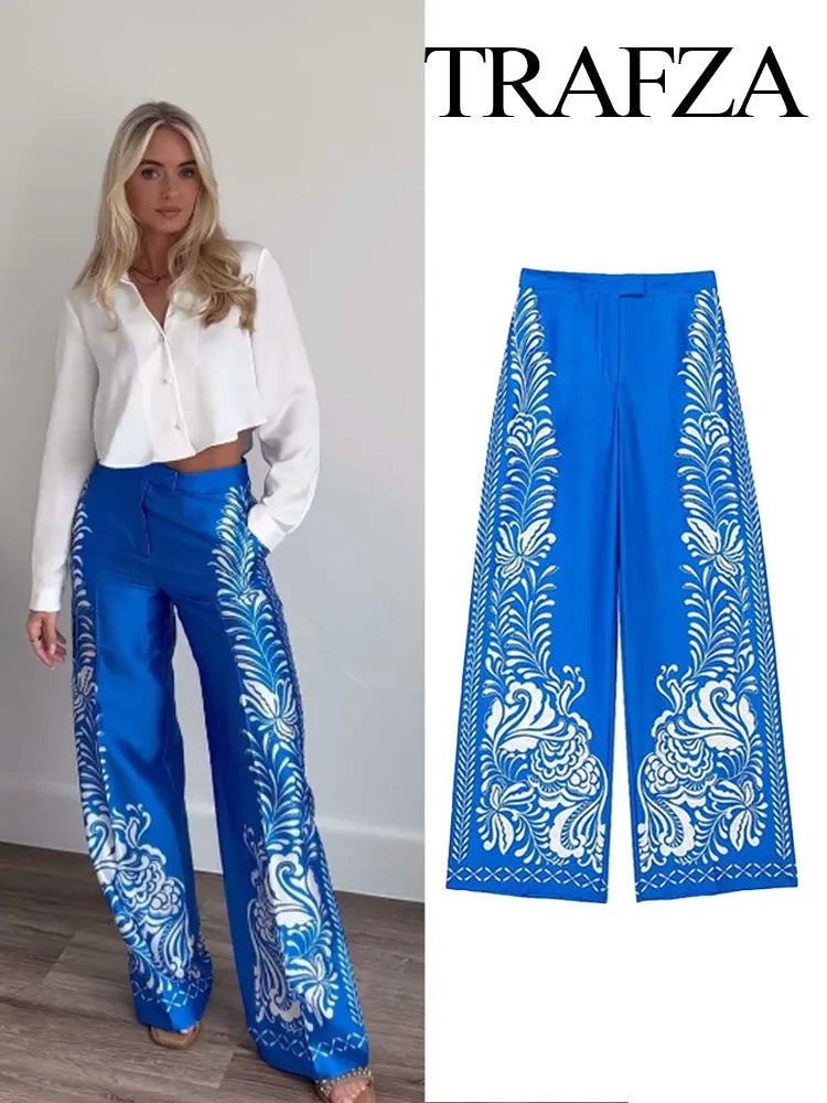 TRAFZA Women Suits Print Turn-Down Collar Long Sleeves Single Breasted Casual Shirts+High Waist Pockets Zipper Wide Leg Pants