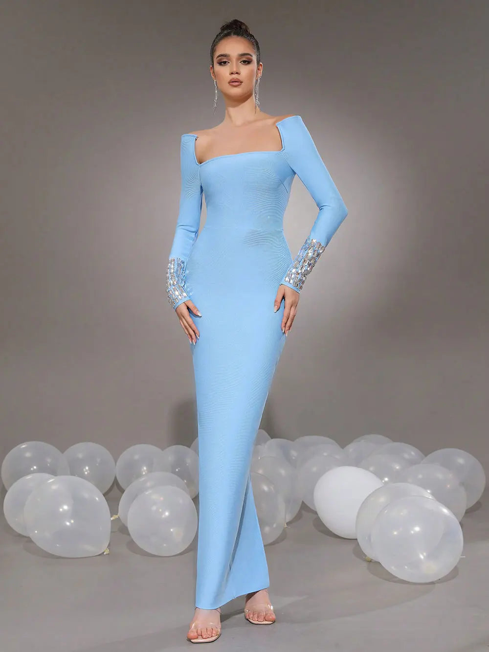 2025 New Women'S Elegant Bandage Dresses Square Neck Long Sleeved Nail Bead Design Bodycon Long Dress Evening Party Vestidos SKY BLUE
