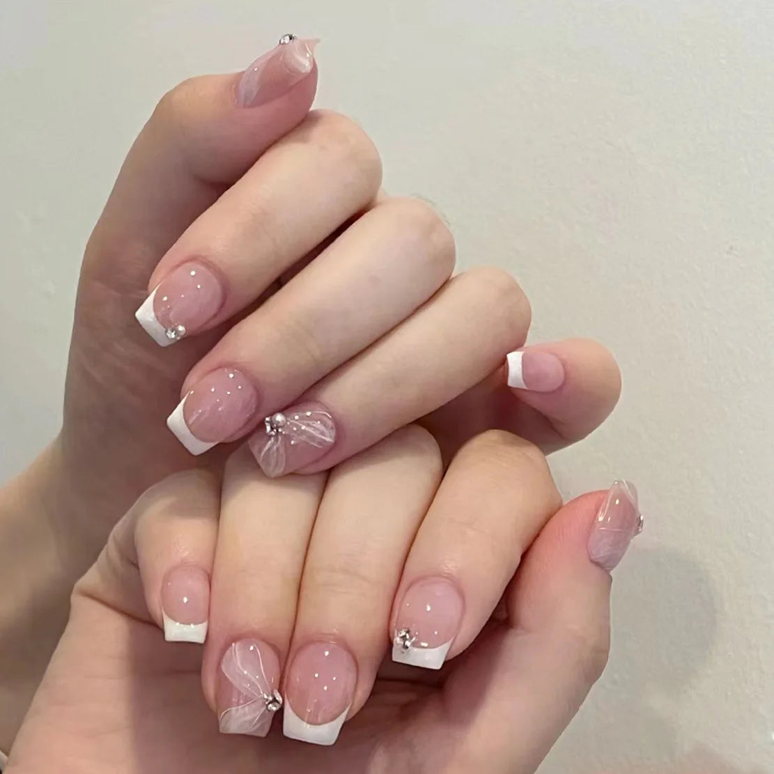 24Pcs Pink False Nails with Glue Ballerina Full Cover Nail Tips Simple Fake Nail with Star Rabbit Design Wearable Press on Nails 786