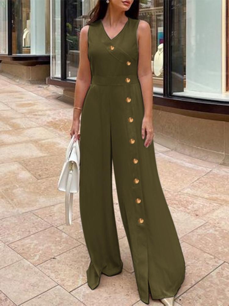 ZANZEA Wide Leg Pant Buttons Split Jumpsuits 2024 Summer Casual Fashion Sleeveless Long Rompers Women V Neck Wasited Playsuits Green