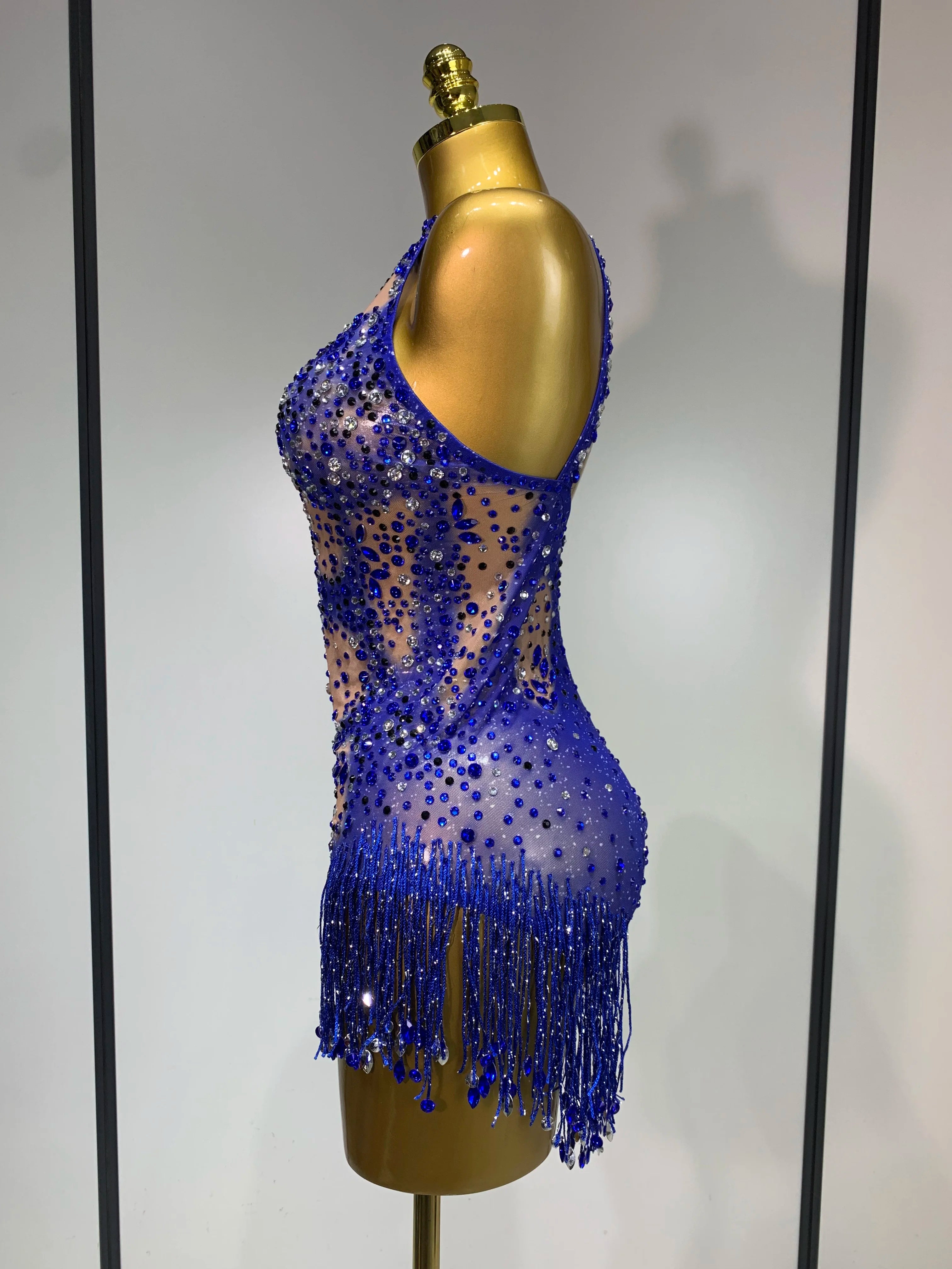 Women Sexy Backless blue Rhinestone Tassel Bodysuit Evening Party Club Singer Stage Performance Costume Luxury Birthday Dress