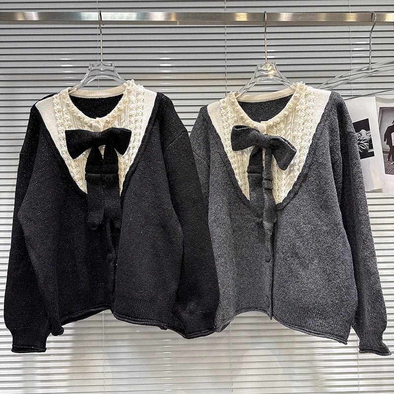 Winter New Fashion Bow Pin Contrast Color Loose Knitted Sweater For Women Single-breasted Cardigan Female 11A07833