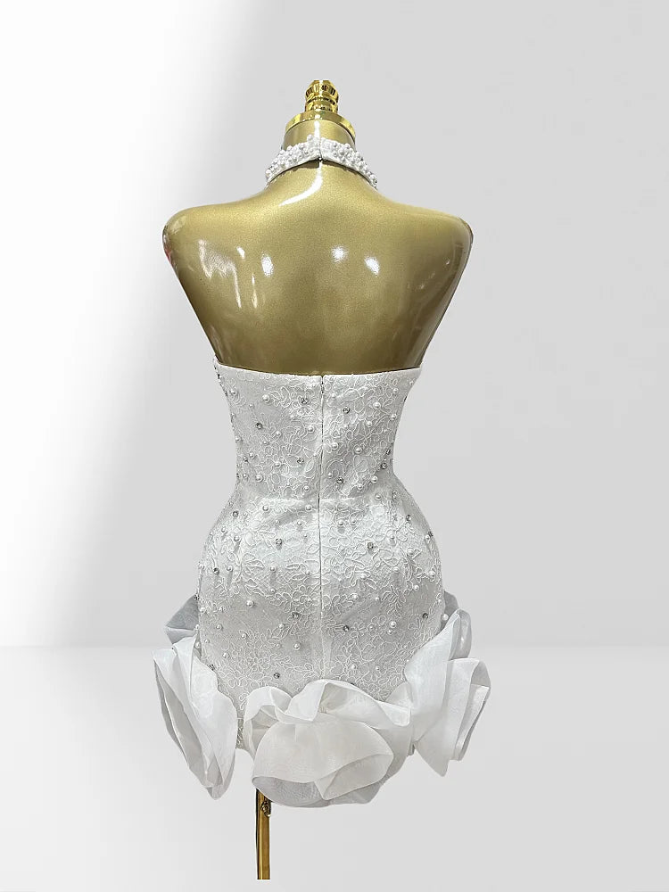 2025 Luxury Diamond Beading Sexy V-Neck Halter Sleeveless White Mini Dress Woman Wedding Party Vestido Birthday Party Outfit