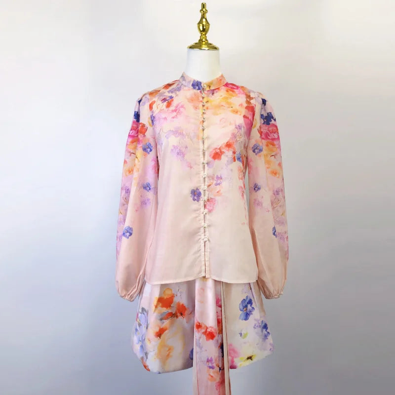 Real Shot Spot 2025 Spring and Summer Stand Collar Long Sleeve Shirt Top Wide Leg Skirt Pocket with Silk Scarf Belt Two-Piece Se