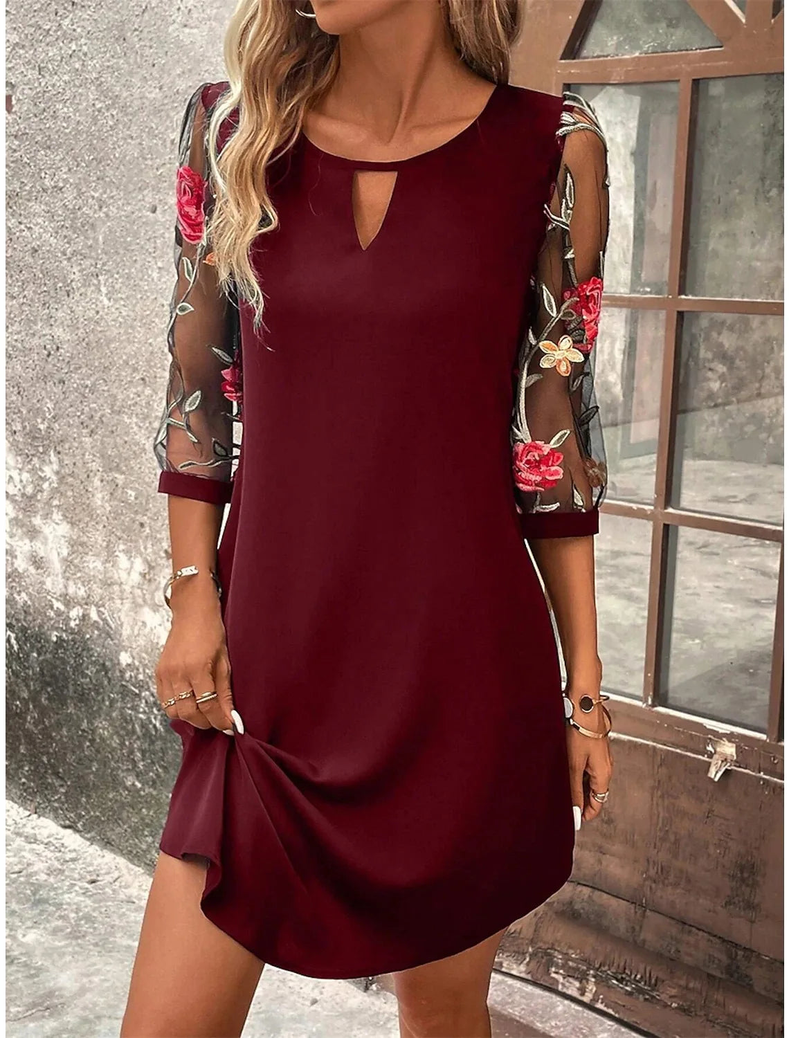 Luxury Dress Women's Perspective Mid Sleeve Printed Round Neck Mini Skirt Summer Party Dress winered