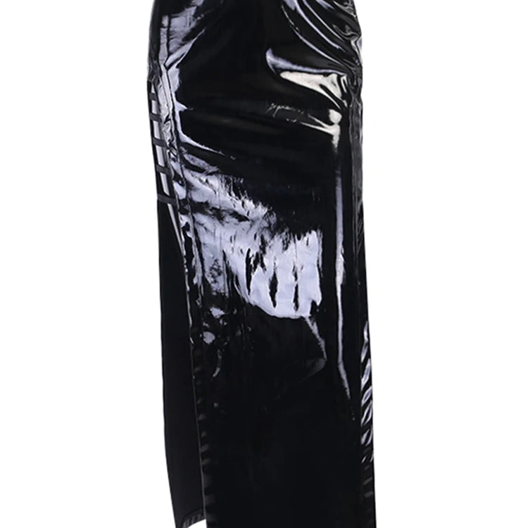 Lautaro Spring Soft Shiny Reflective Black Faux Leather Maxi Skirt Women with Double High Slit Dark Academia Y2K Clothes 2025