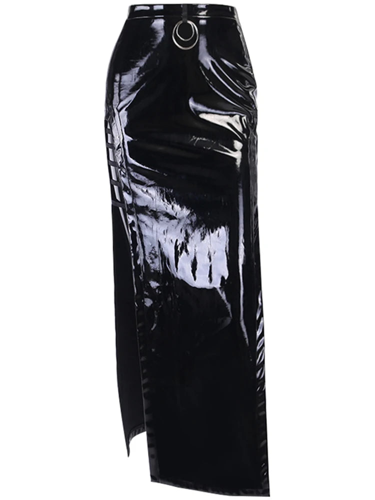 Lautaro Spring Soft Shiny Reflective Black Faux Leather Maxi Skirt Women with Double High Slit Dark Academia Y2K Clothes 2025
