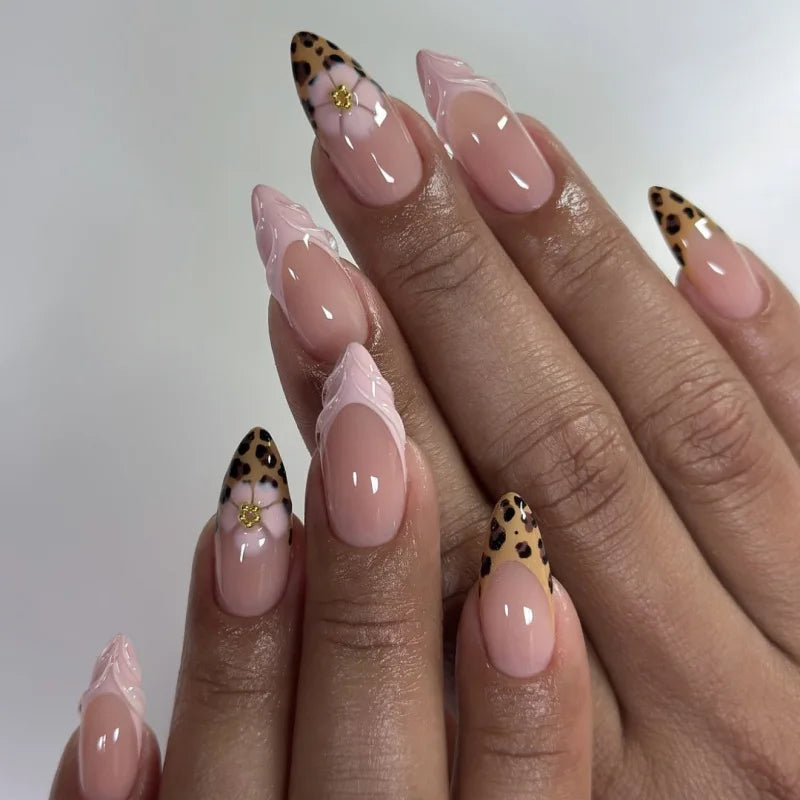 24Pcs Almond French Press on Fake Nails with Pearl Bow Design Wearable Leopard Print Pattern Nail Art Tips Long False Nails Set 4012