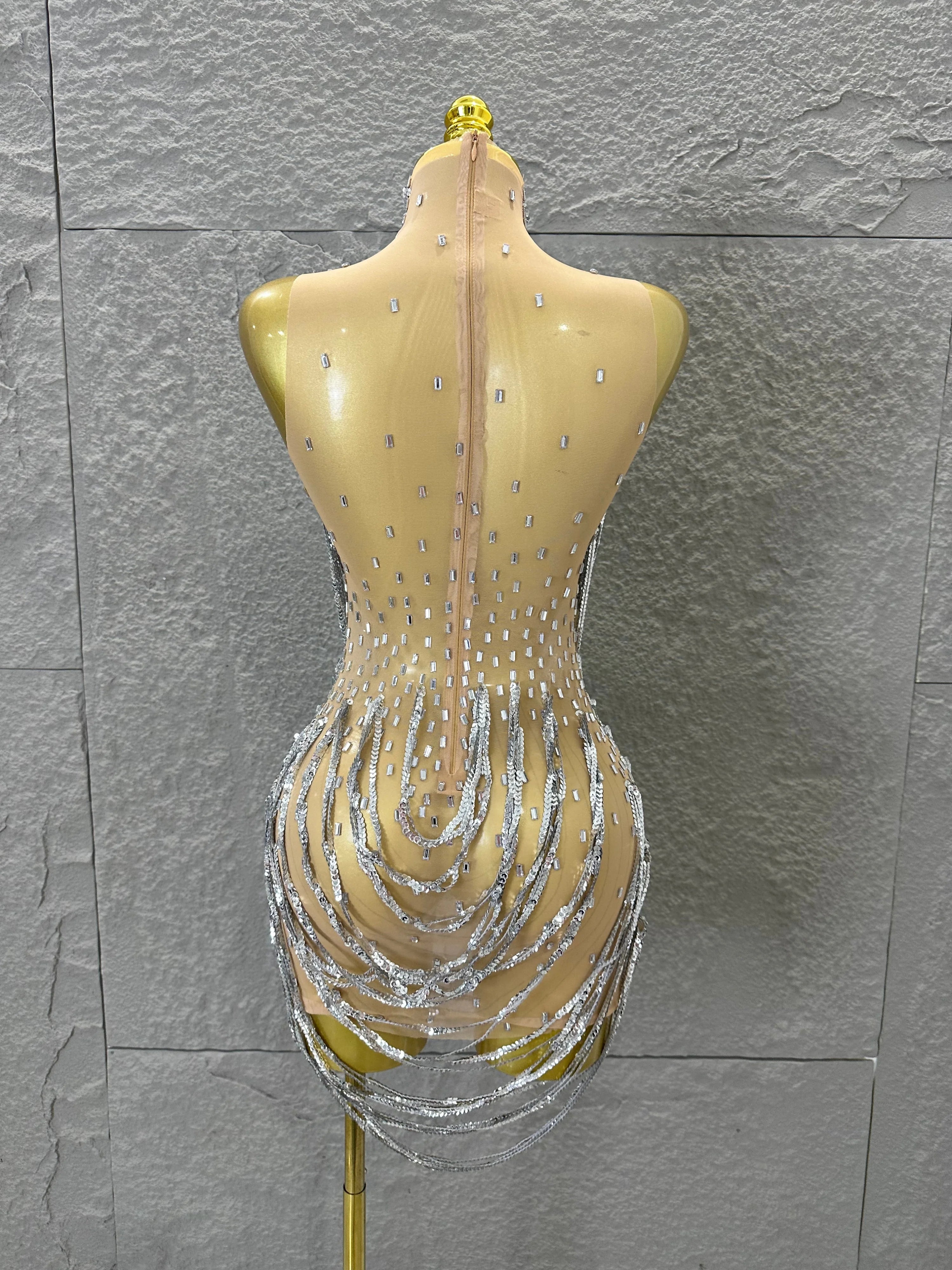 Glamorous Silver Sequined Layered Chain Mesh Dress Women Sexy High Neck Sleeveless Bodycon Stage Performance Costume