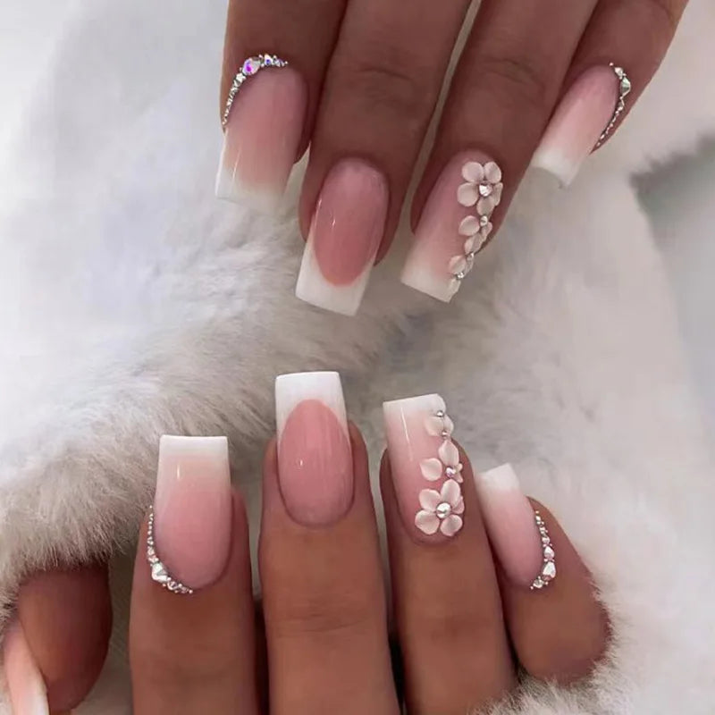 24Pcs Mid-length French False Nail with Diamond Gradient Square Press on Nails Flower Design Fake Nail Wearable Manicure Tools 242