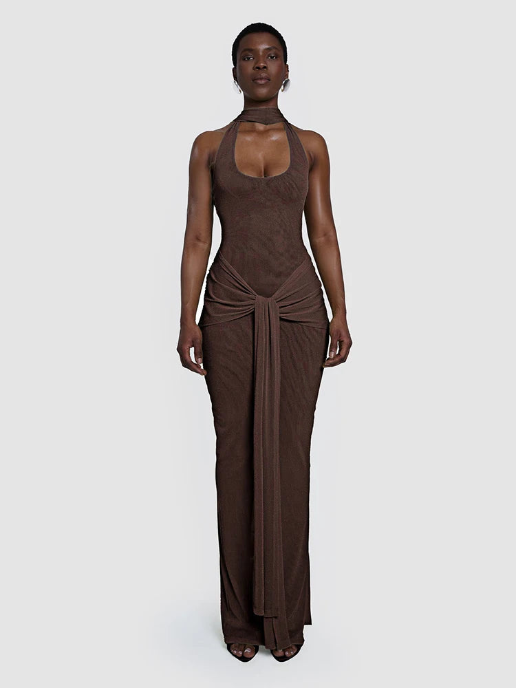 Sleek Modern Brown Halter Backless Maxi Dress with Waist Tie Drape Details for Party Evening Gown