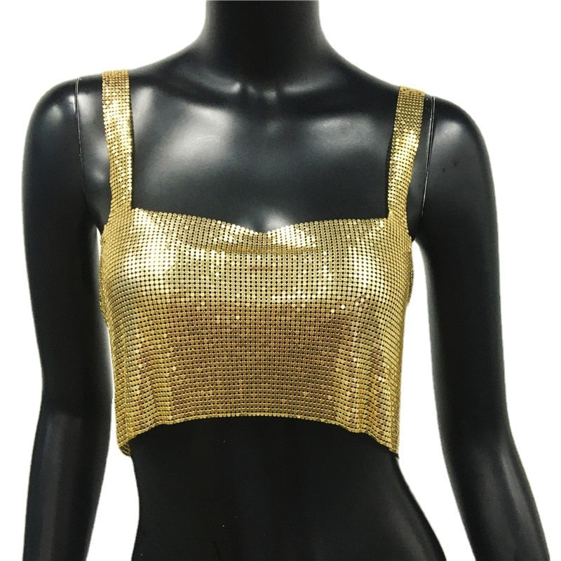 Sexy Metal Sequin Tank Top For Women y2k Summer Beach Backless Crop Top Rave Festival Club Outfits Camisole