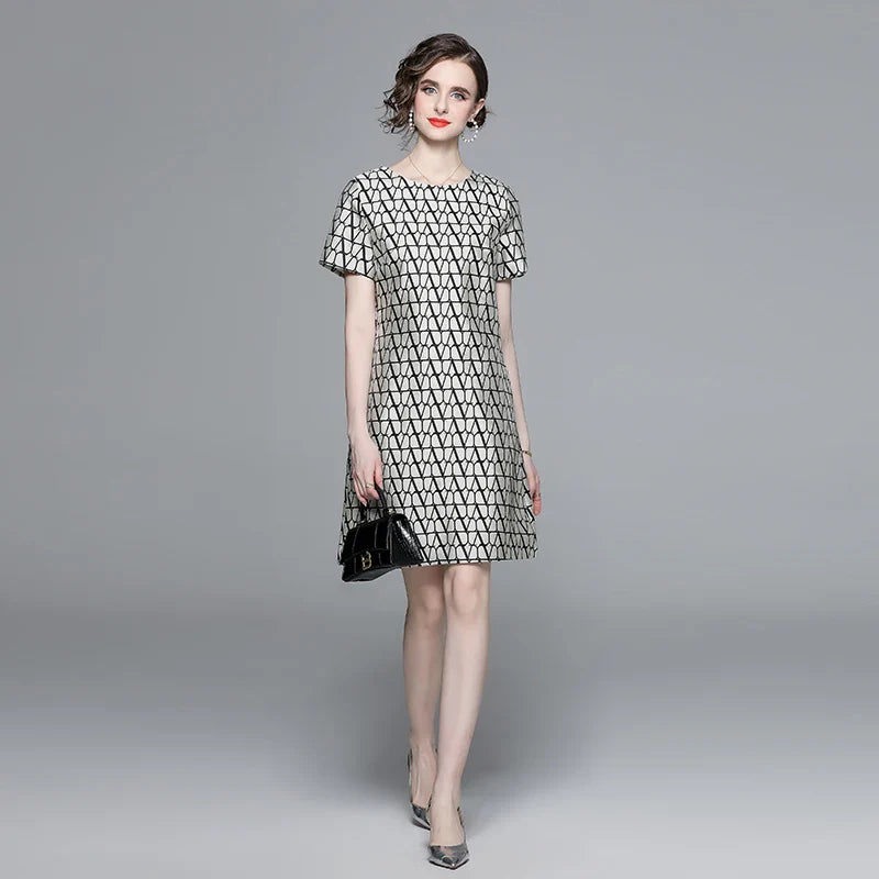 New Fashion Geometry Jacquard Short Sleeve Summer Dress Chic Elegant Temperament A-line Round Neck Dress Women Vestidos