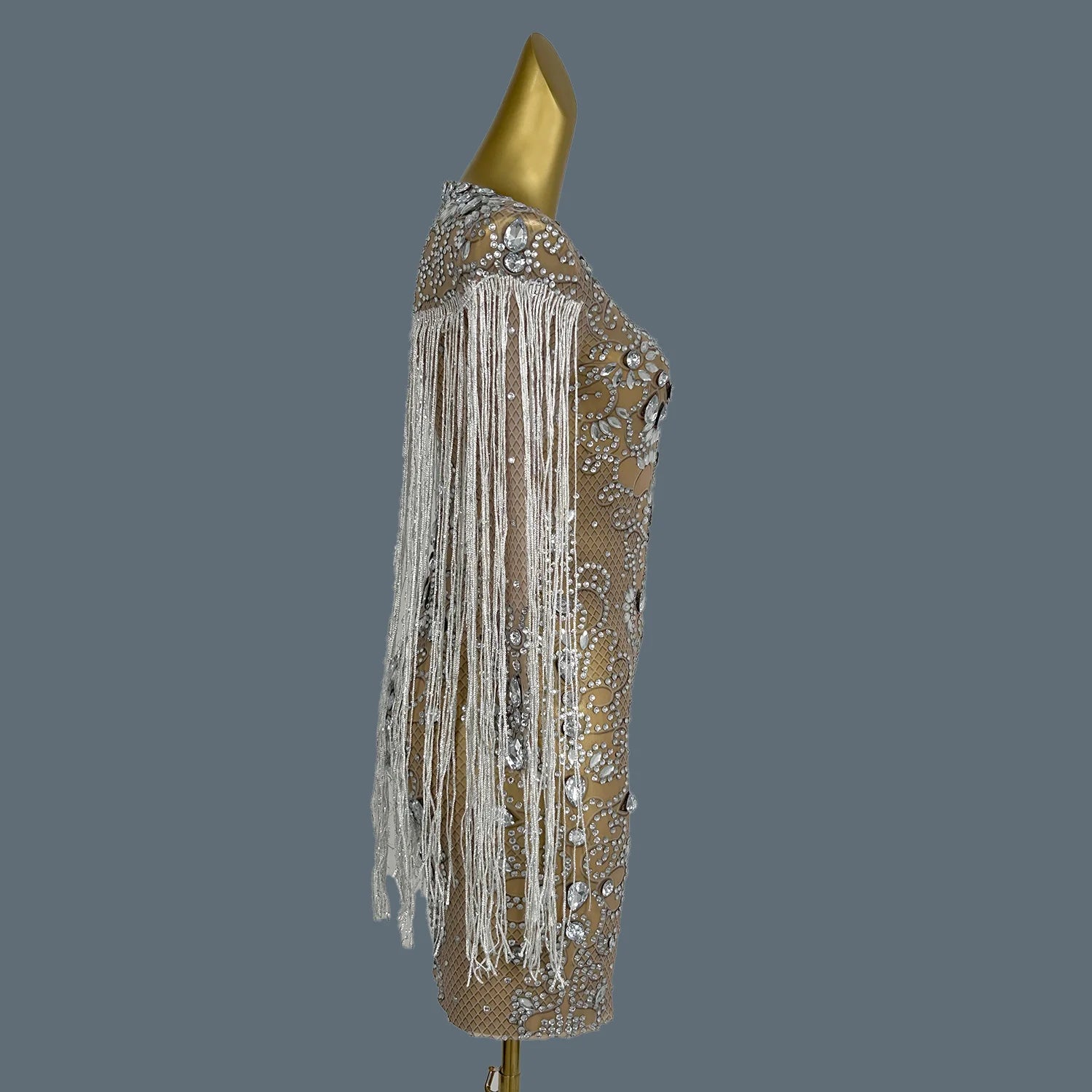 Women Luxury Rhinestone Tassel Dress Elastic Singer Club Stage Performance Costume Evening Party Celebrate Dress Vestido Hualan