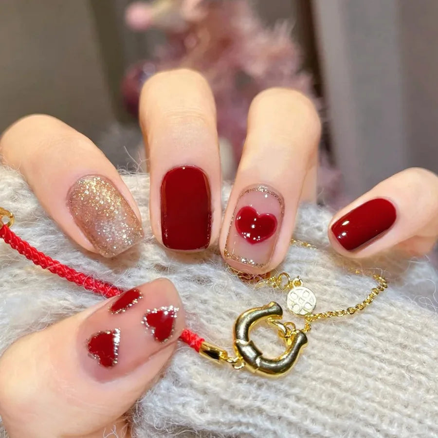 24pcs/set medium long fake nails for women cute gradient pink red heart rose flowers for Valentine's Day press on acrylic nails 1753