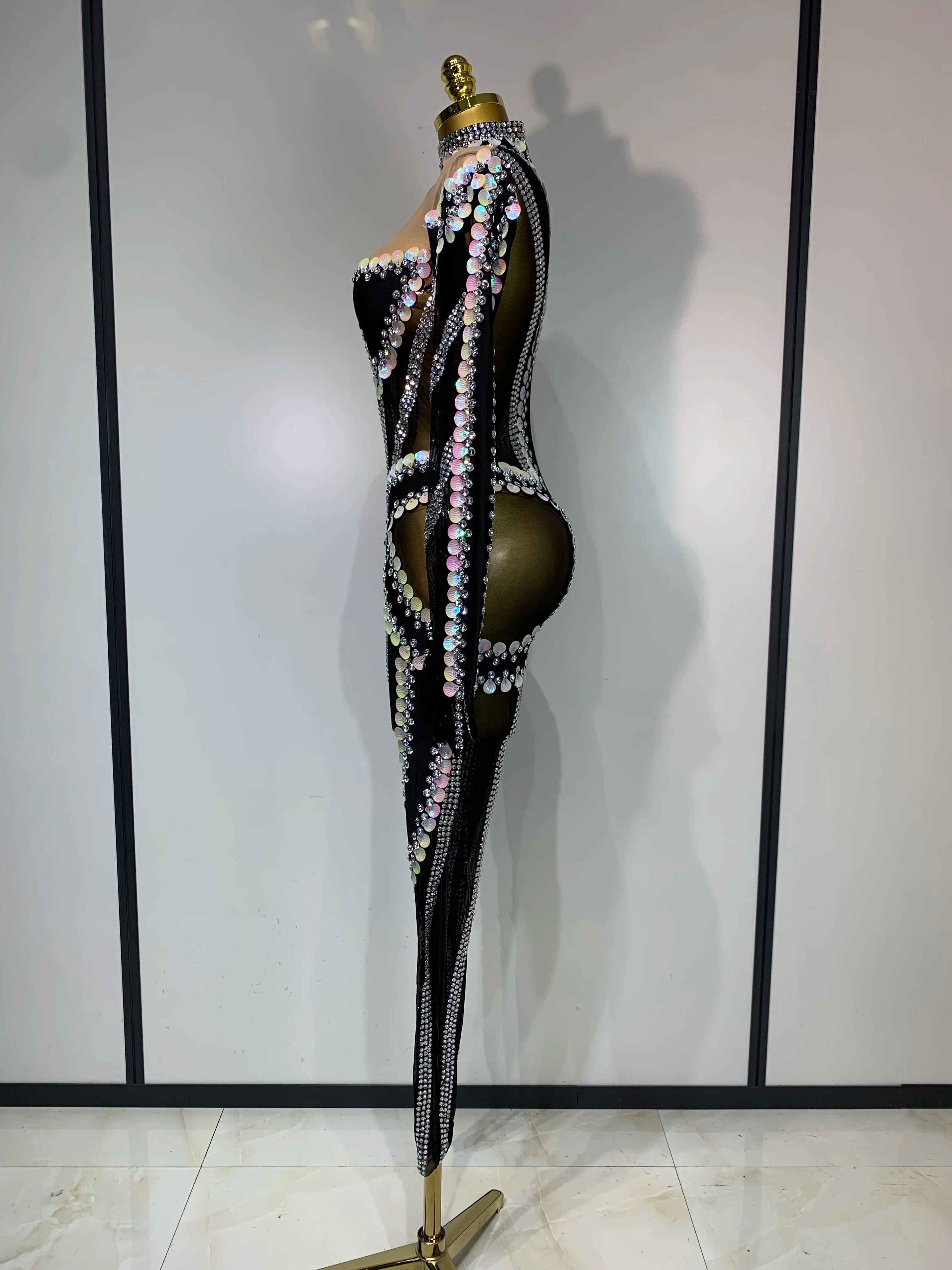 Women Sexy Long Sleeve Sparkly Crystal Sequin Mesh Jumpsuit Nightclub Cos Party Dancer Performance Costume Stage Outfit