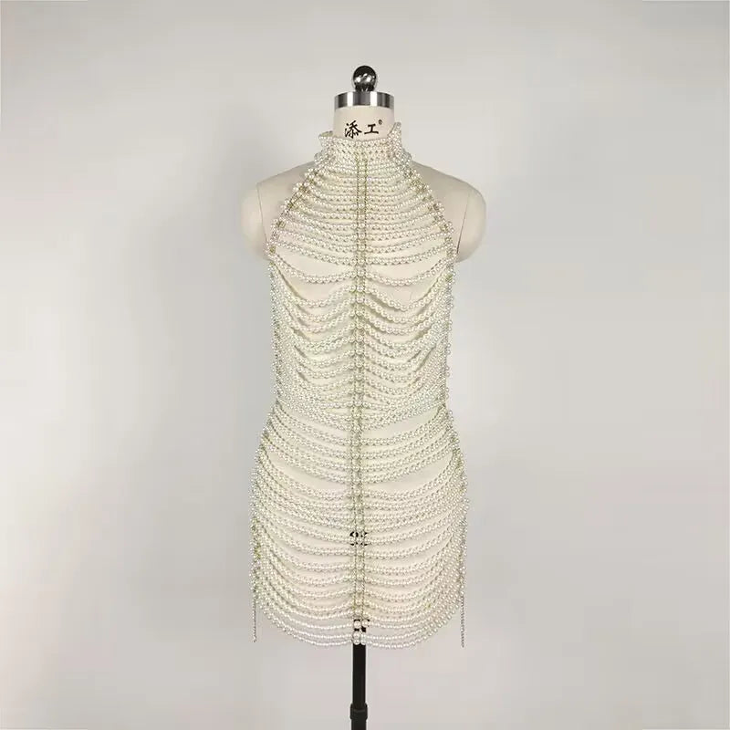 Sexy Backless Pearl Beading Hollow Out Halter Mini Evening Dress Trendiness Party Dress Stage Performance Costume Beige