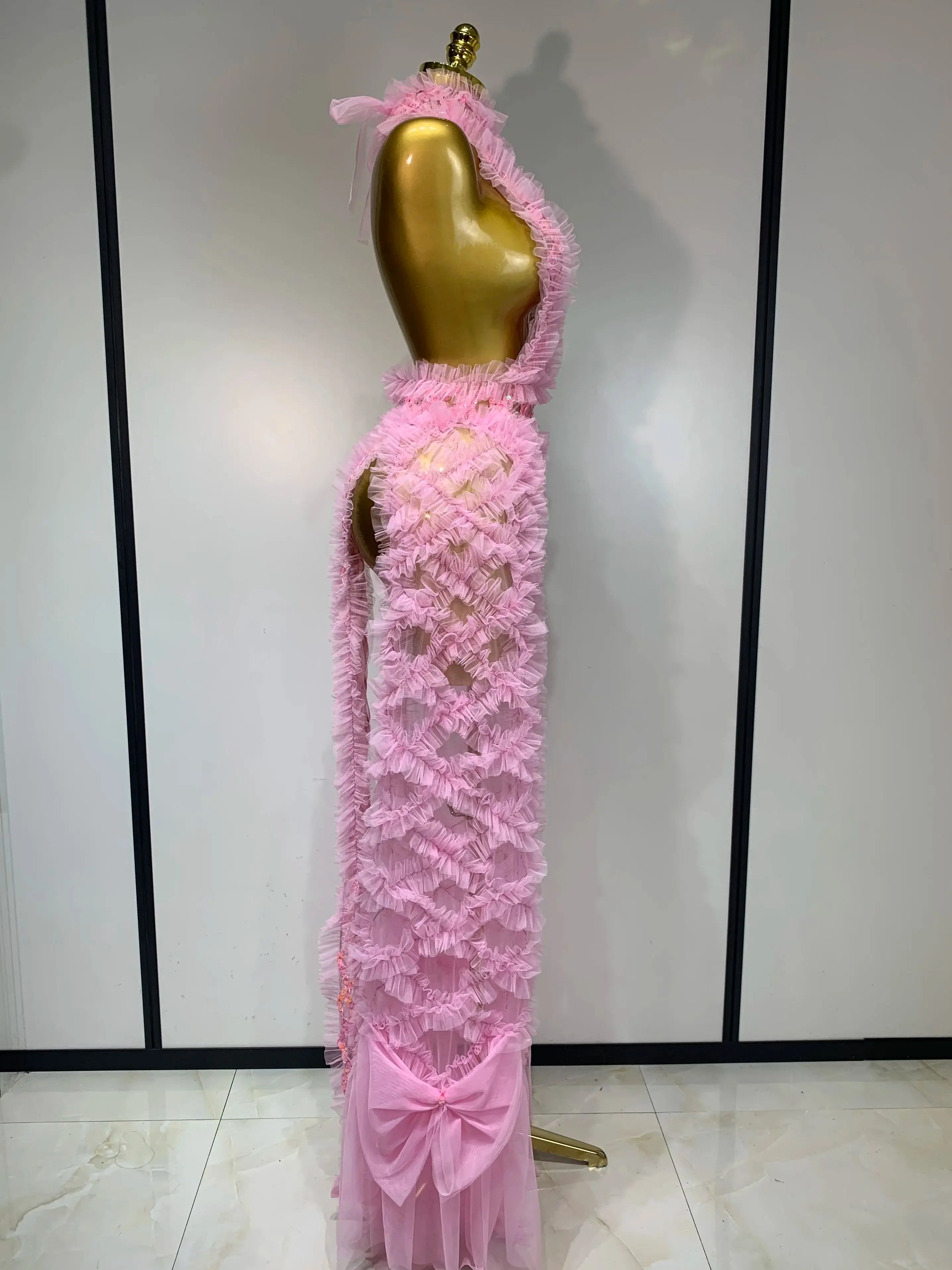 Mesh Sequins Sexy Backless Halter See Through Dress 2025 Birthday Evening Party Prom Nightclub Singer Stage Performance Costume