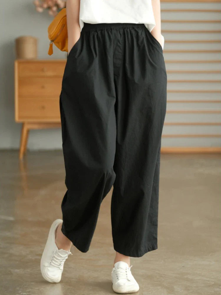 Women Summer Pants New High Waist Wide Leg Retro Cropped Trousers Casual Loose Baggy Cotton Linen Pants for Women Bottoms black