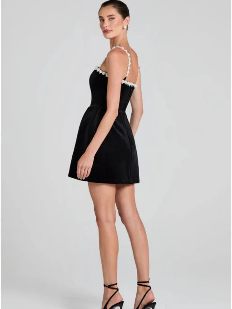 Black Color Women Sexy Strap Square Collar Beading Straight Mini Bandage Dress Elegant Evening Party Red Carpet Outfit