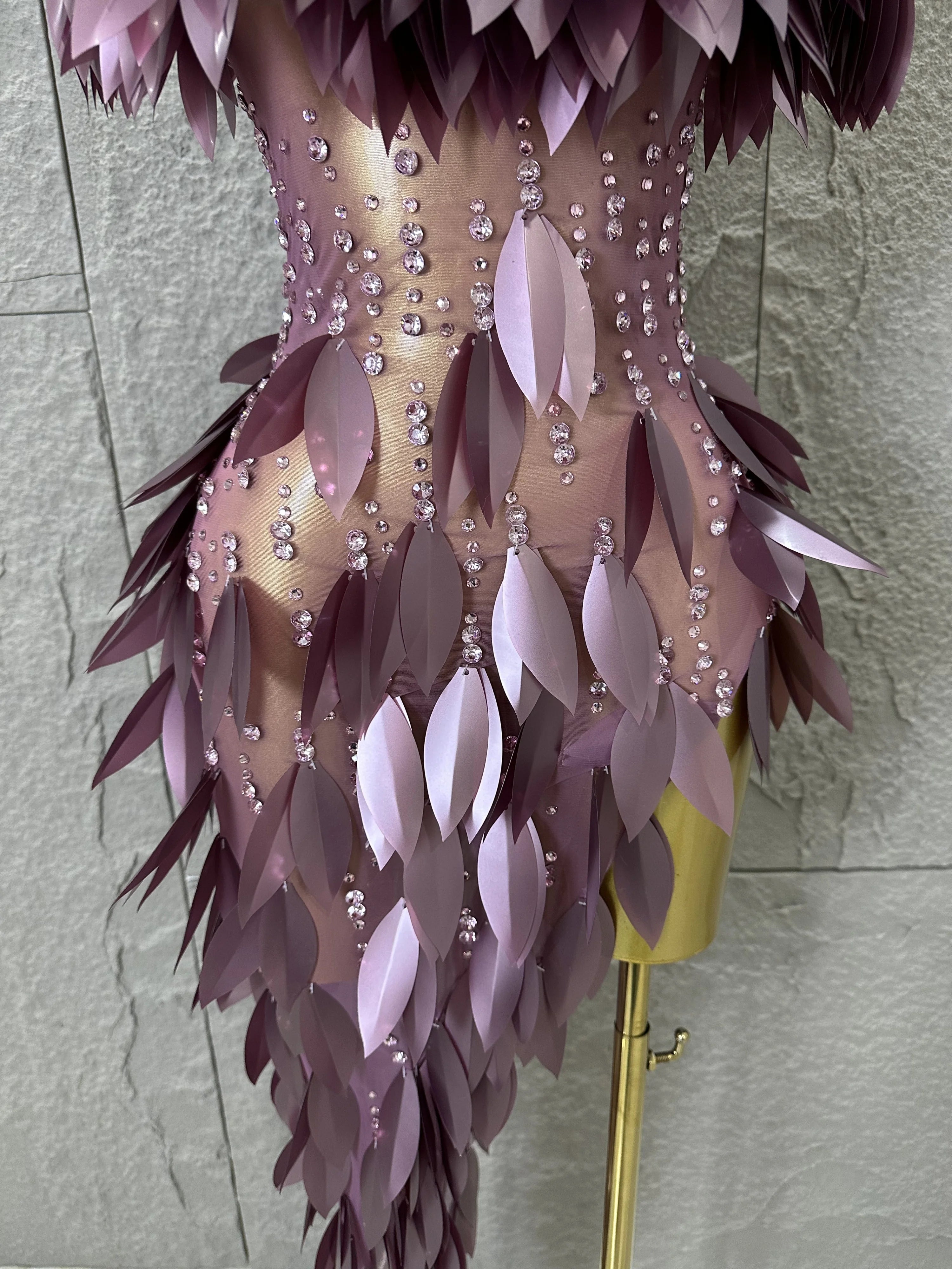 Sparkly 2026 Purple Sheer Mesh Dress Women Sexy Illusion Neck Rhinestone 3D Leaf Fringe Bodycon Evening Gala Nightclub Outfit