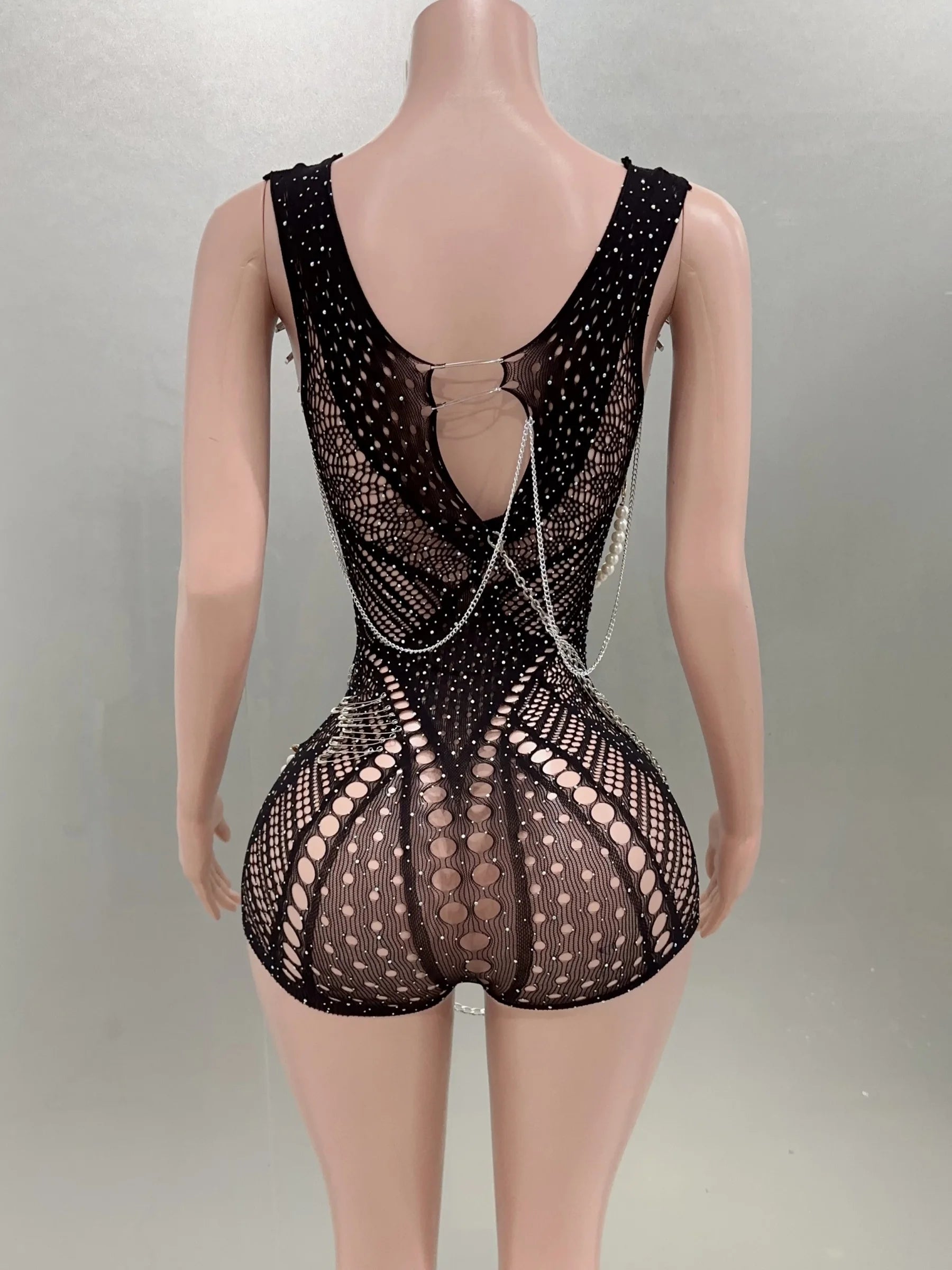 Celebrity Fashion Nightclub Party Birthday Wear Women Sexy Mesh See Through Bodycon Beading Playsuit Performance Costume