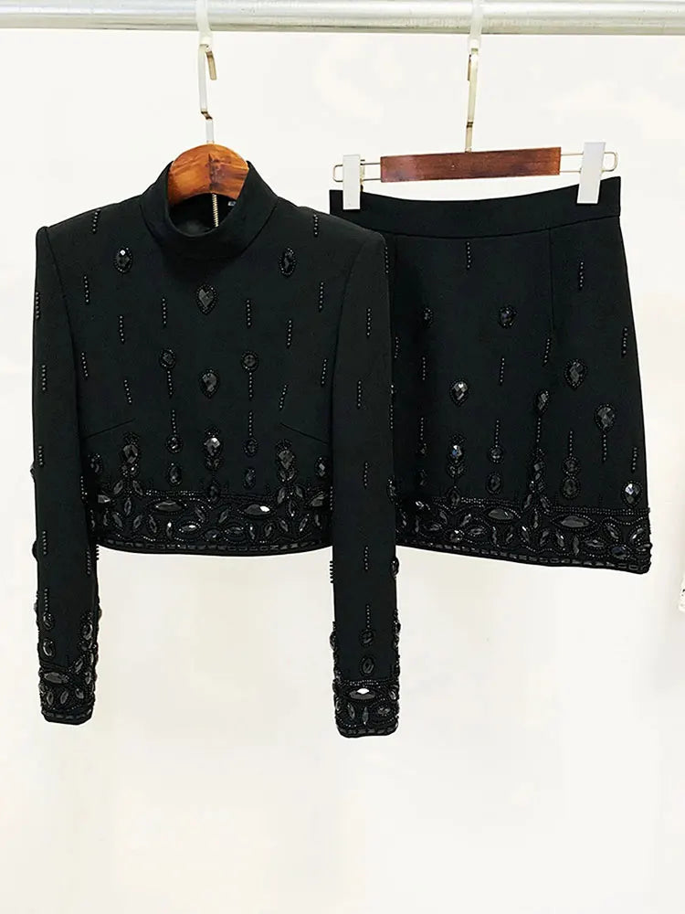 2024 Heavy Industry Nail Bead Inlaid Diamond Short Skirt Set O-neck Long Sleeve Slim Fit Short Top+Nail Bead Skirt Two Piece Set black