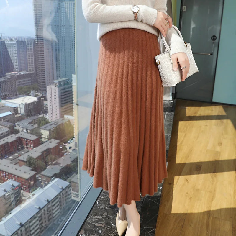 Autumn And Winter Fashion Mink Cashmere Mid Length High Waist Skirt For Women, Knitted Umbrella Skirt, Fashionable Pleated Skirt Red camel color