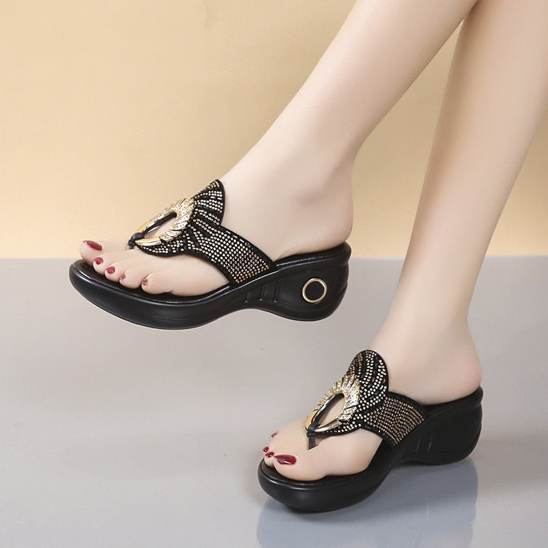 Women's Open Toe Slippers Sequins Decor Platform Ladylike Sweet 2022 New Summer Fashion Popular Comfy High Thick Heel Slippers Gold