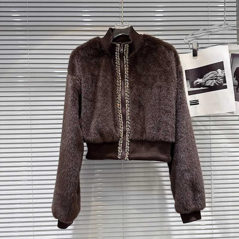 Winter New Fashion Rhinestone Edge Plush Cotton-Padded Short Jacket For Women High Waist Zipper Coat Female 11A07454