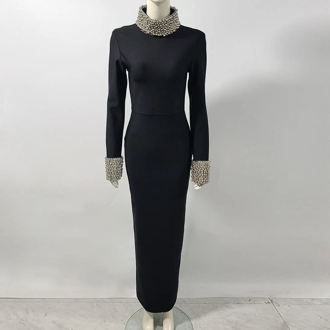 2025 Elegant Women Light Luxury Nail Bead Design Bandage Dress High Collar Long Sleeve Bodycon Long Dress Evening Party Vestidos Silver