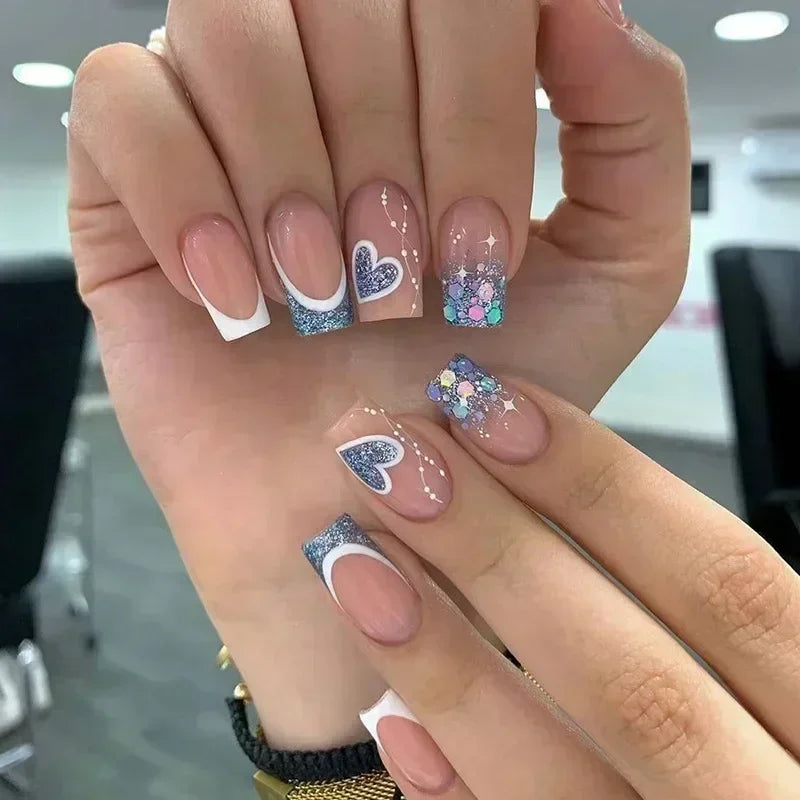 24Pcs Fashion Fake Nails Press on Short Square Head False Nail Art Black Starlit Sky Design Artifical Full Cover Nail Tips 739