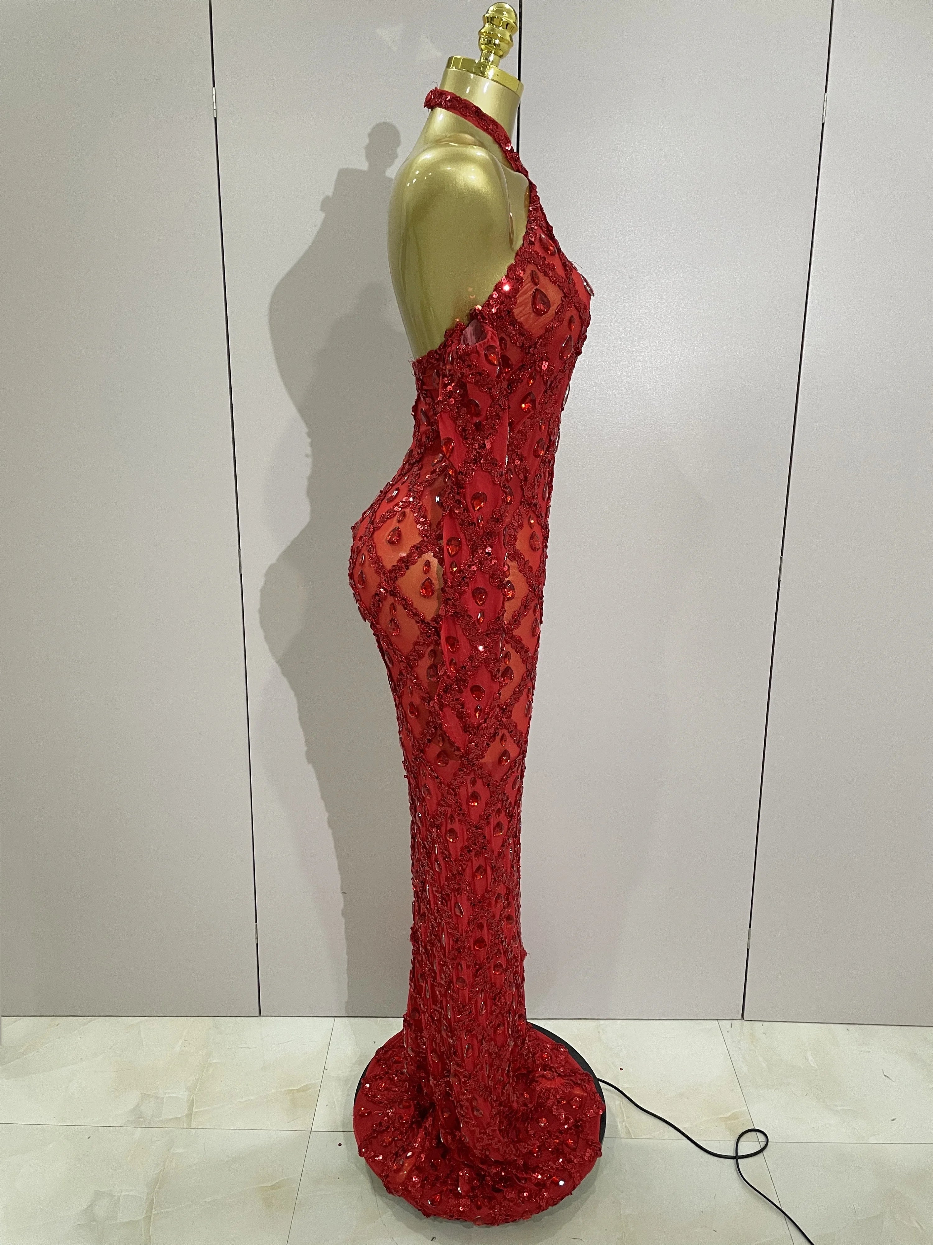 Sexy Sparkly Rhinestones Halter Mesh Long Dress With Gloves 2025 Women Celebrate Evening Wedding Prom Birthday Dress Shoot Wear