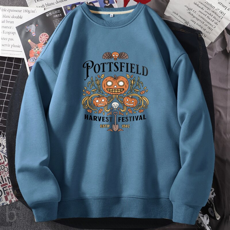 Pottsfield Harvest Festival Sweatshirts Woman Autumn Harvest Vegetables Fall Graphic Hoodie Pullover Halloween Goth Clothing blue