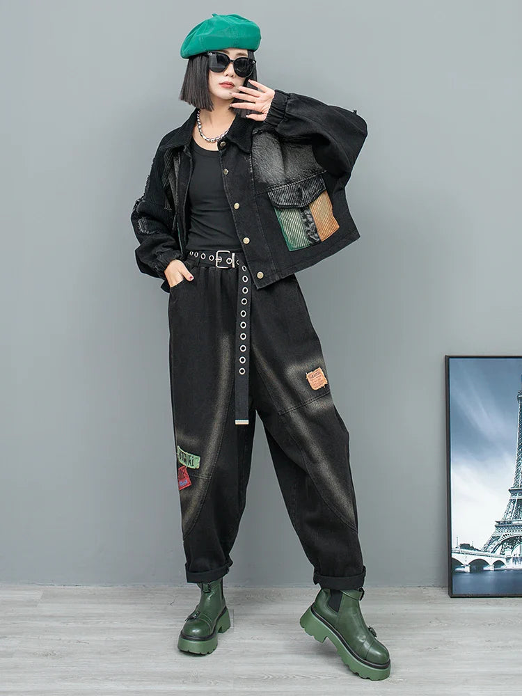 Spring Autumn New Trendy Cool Personality Distressed Long Sleeved Denim Jacket + Harem Pants Two-piece Set Women LX154