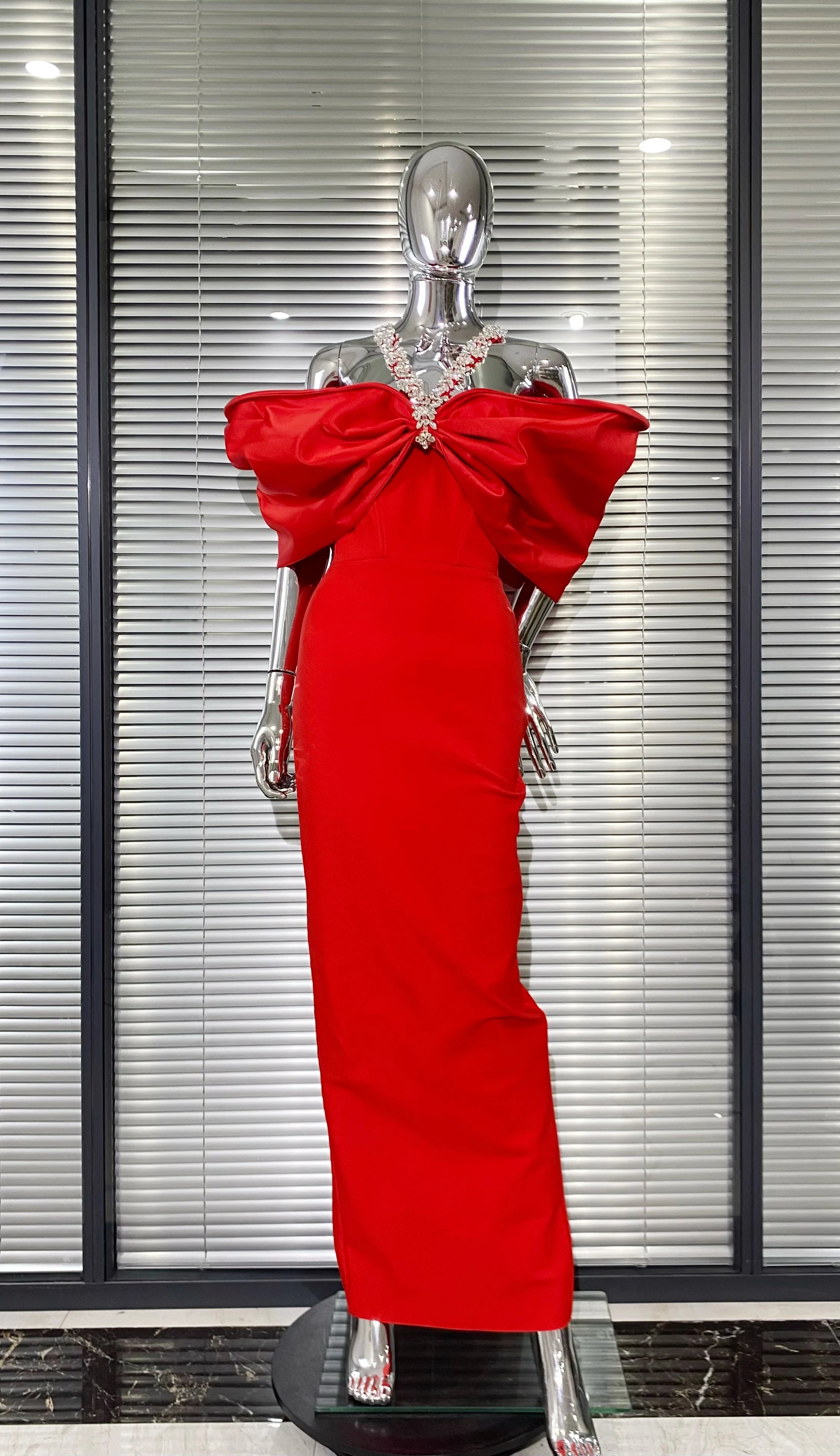 Sexy Off The Shoulder Shinind Diamond Halter Ankle Length Bandage Dress Elegant Woman Party Vestido Birthday Party Outfit Red