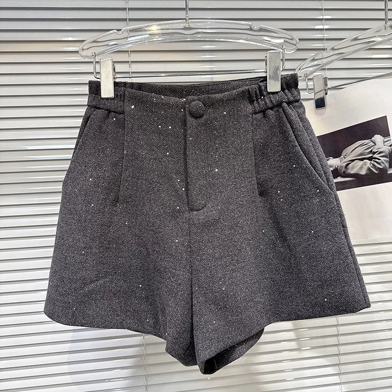 Winter New Fashion Style Handmade Beaded Cotton Lined Short Coat Woolen Shorts Two-pieces Set For Women 11A07555