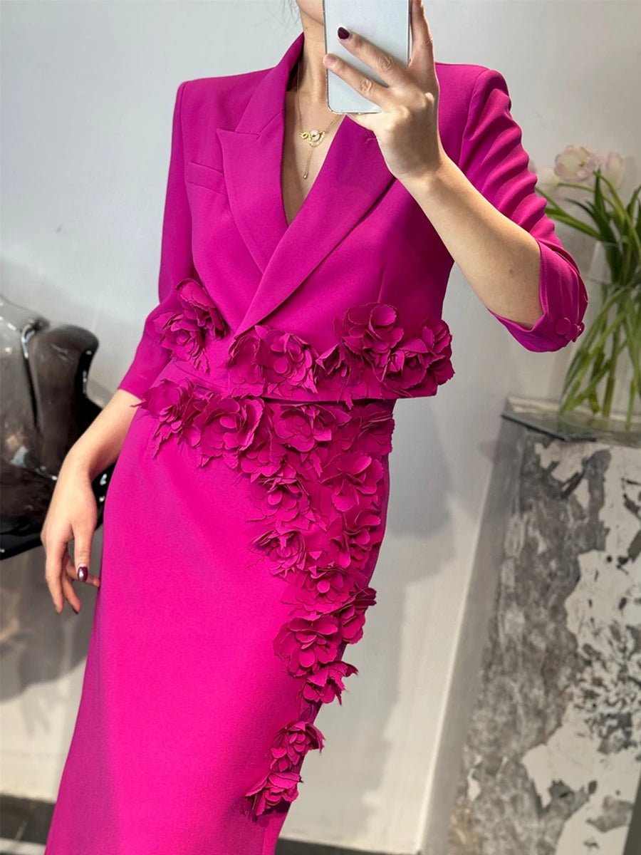 Solid Slimming Spliced 3D Flower Two Piece Sets for Women Lapel Half Sleeves Short Top High Waist Skirt Set Female