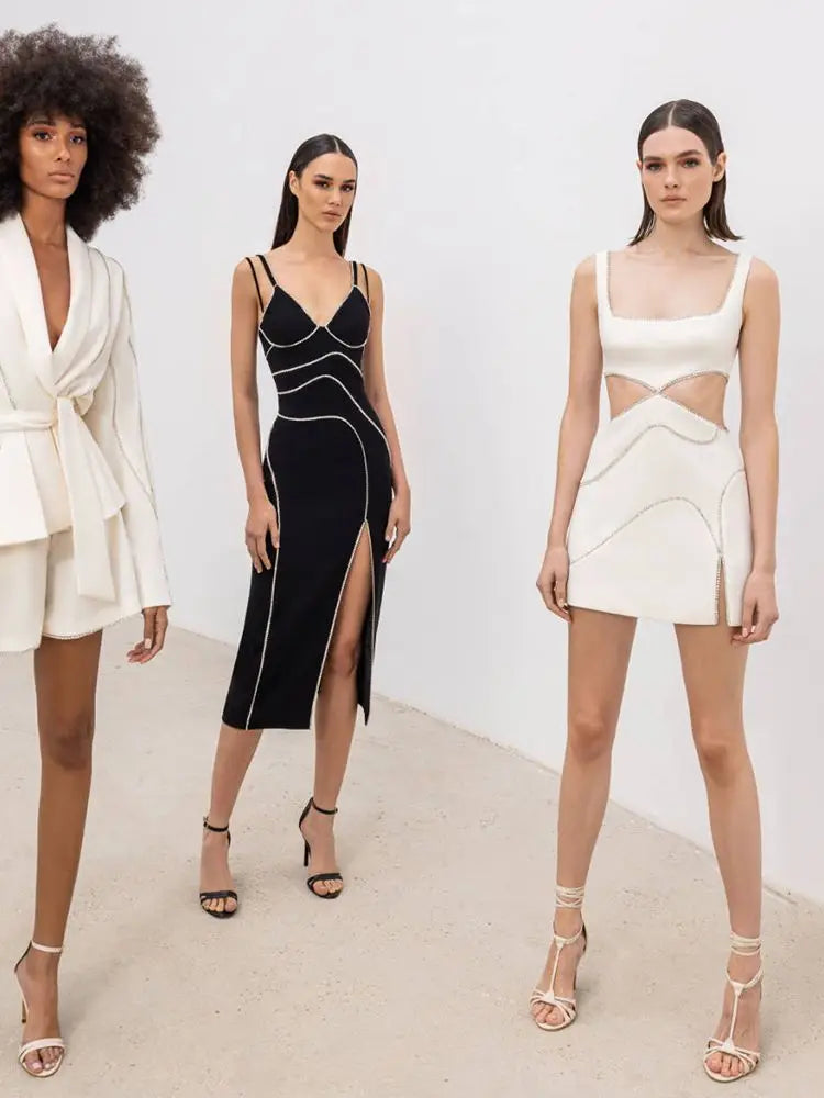 Ailigou 2023 New Summer Women'S White Sexy Luxury Diamond Cut-Out Vest Club Clothing Fashion Sleeveless Mini Bandage Dress