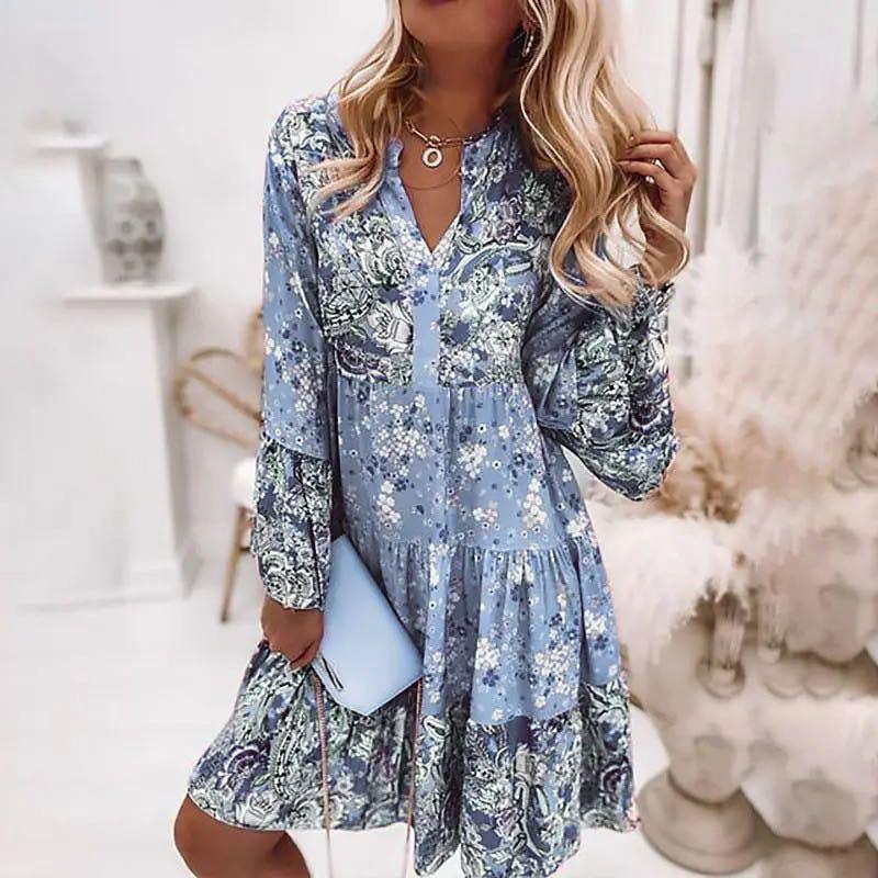 Summer Boho Mini Dress - Flora Print Batwing Sleeve Lace-Up V Neck Loose Button Dresses Ladies Beach Party Dress Vestido blue