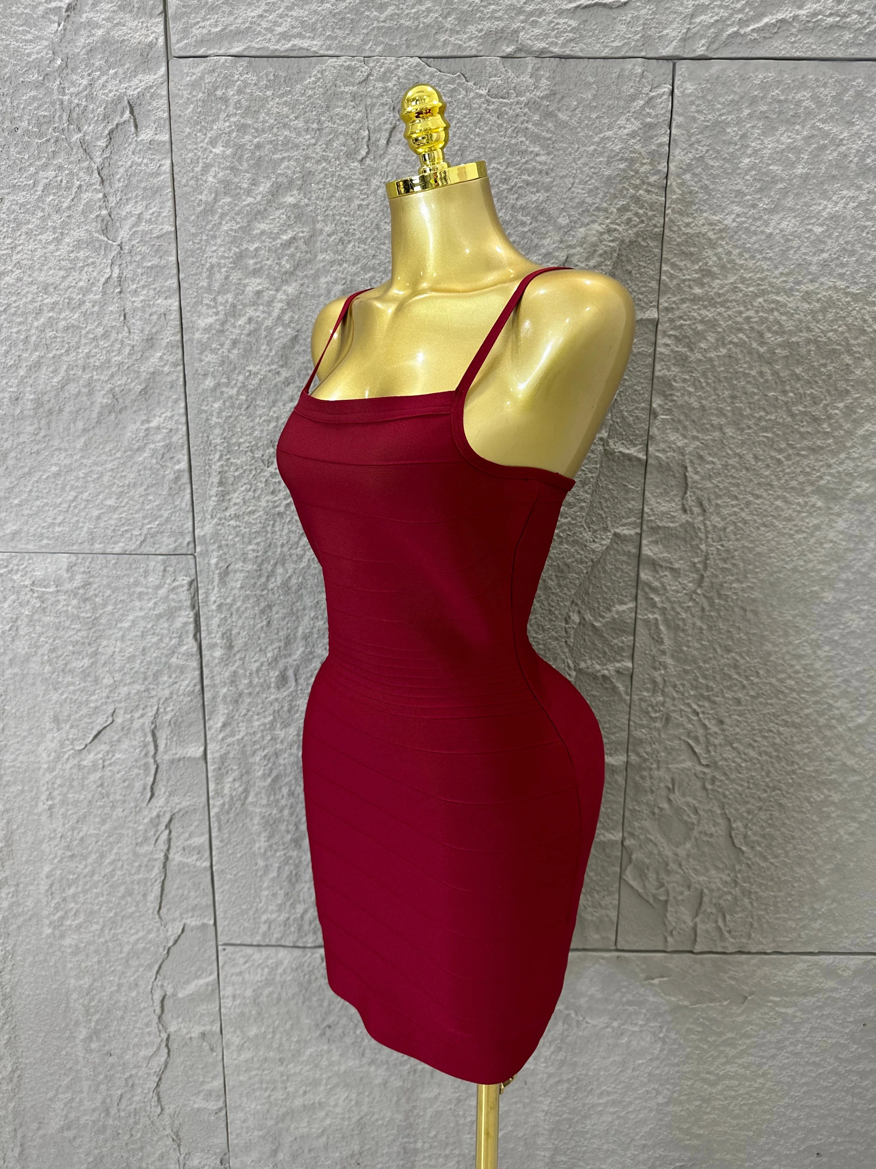 Chic Burgundy Bandage Mini Dress Women Spaghetti Strap Square Neck Bodycon Formal Event Casual Wear Costume